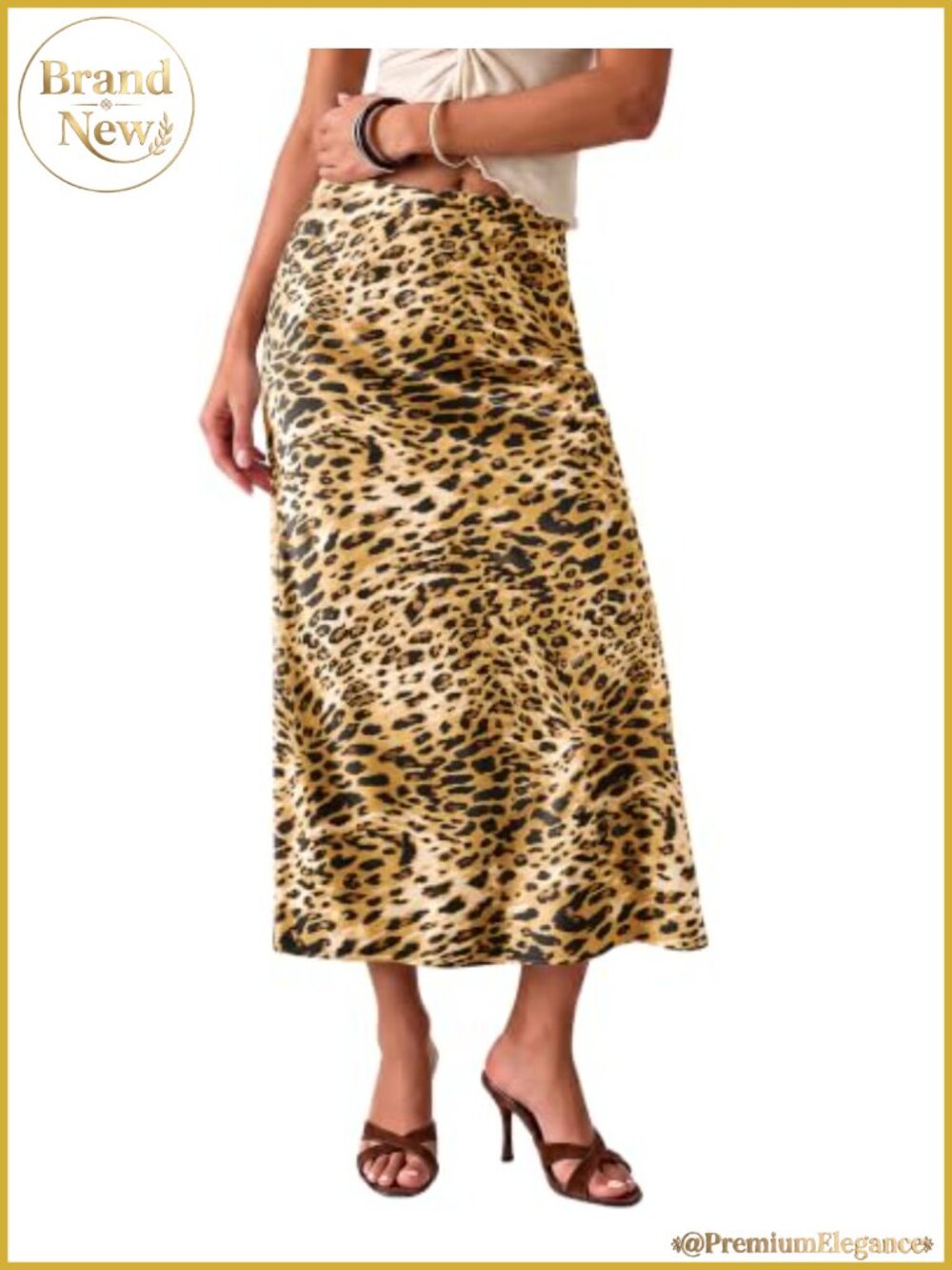 Satin Leopard Print Maxi Skirt with Elastic Waist